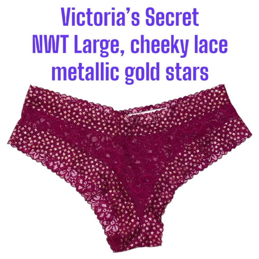 Lg NWT Victoria's Secret Cheeky Gold Star Sheer Lace Burgundy Maroon Panties New